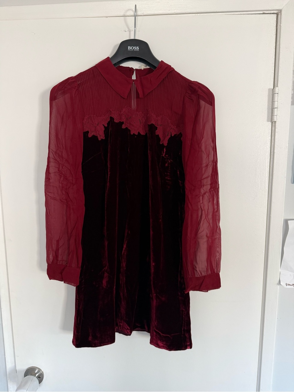 Doen Madelynne Dress in Vino Rosso Burgundy Velvet and Sheer Sleeve Dress